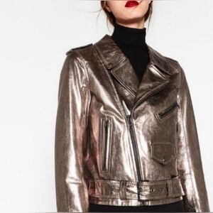 NWT Zara Metallic Silver Leather Women's Biker Jacket-Sz L